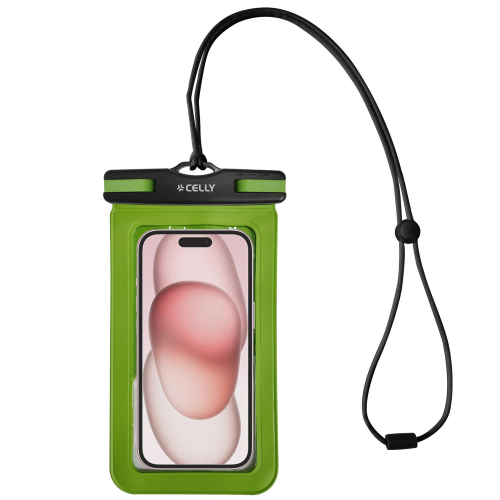 CELLY SPLASHBAG CUSTODIA IMPERMEABILE PER SMARTPHONE FINO A 7" IN MORBIDO TPU NON LASCIA PASSARE L'ACQUA LACCETTO NERO DA COLLO INCLUSO VERDE